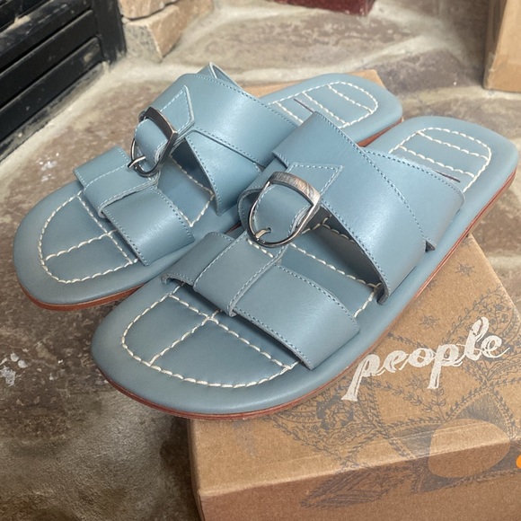 Free People Shoes - FREE PEOPLE Sloan Blue Buckle Leather Slides Sandals in Stormy Sea NIB